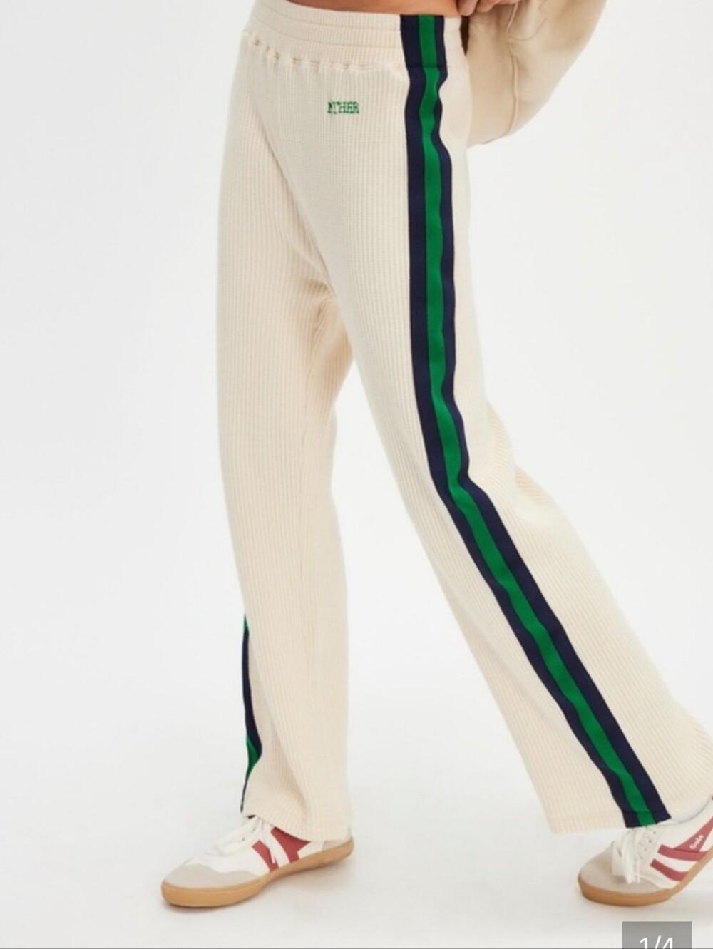MOTHER Cream Ribbed Joggers with Green & Navy Side Stripes